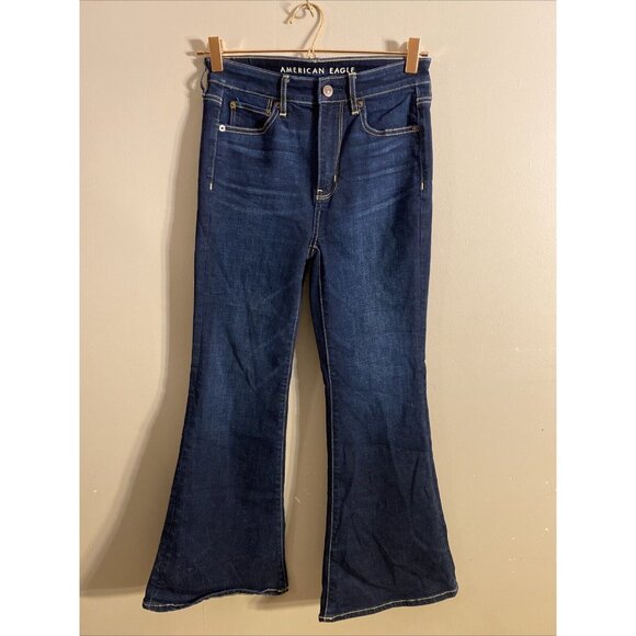 American Eagle Super High Rise Flare Blue Dark Wash Denim Jeans Wms Sz 2 X-Short - Picture 1 of 12